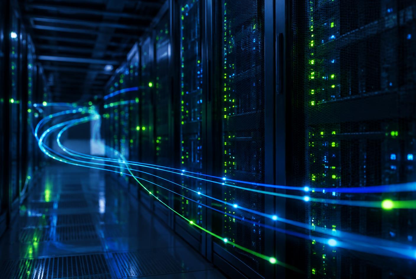 Rows of data centre server racks with blue and green fibre optic light trails