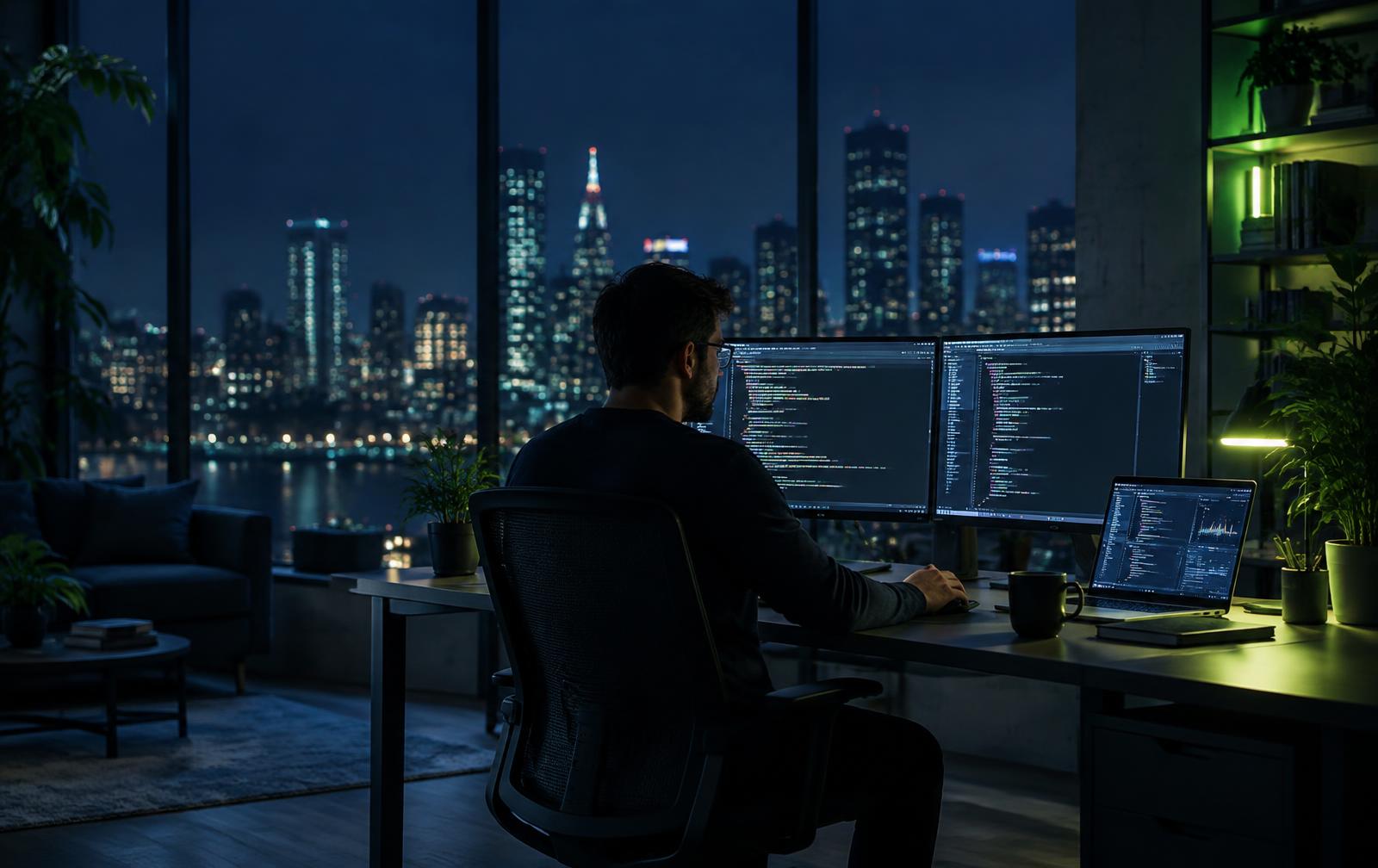 Software engineer working at a desk with code displayed across two monitors at night