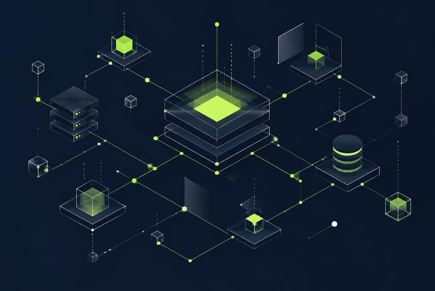 Isometric technical illustration of connected systems, databases and data flows