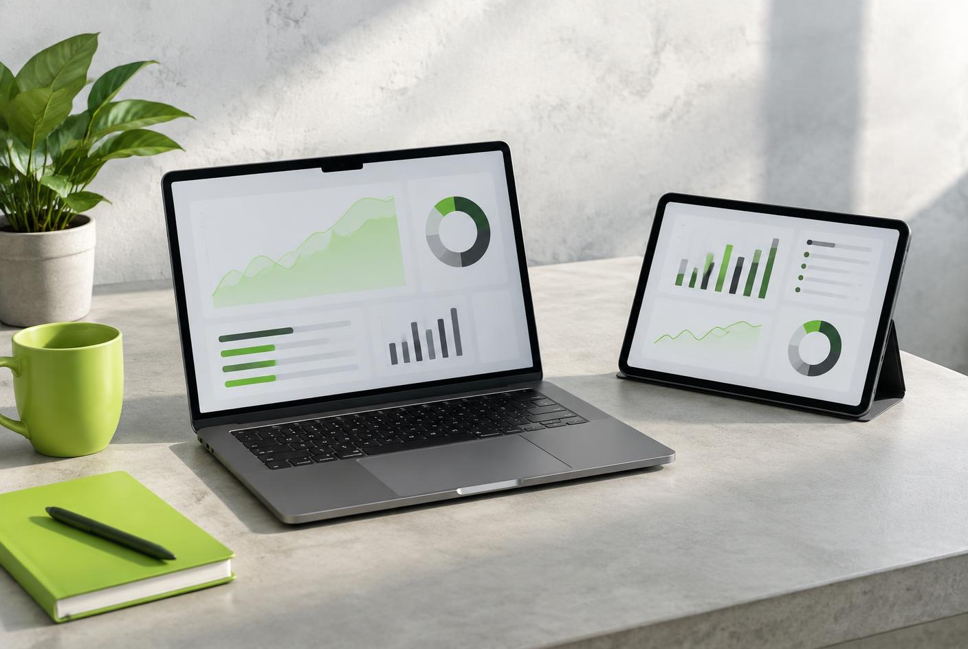 Laptop and tablet on a desk displaying responsive business dashboard interfaces
